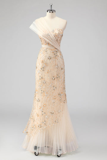 Champagne Havfrue En Skulder Beaded Gallakjole med Applikationer